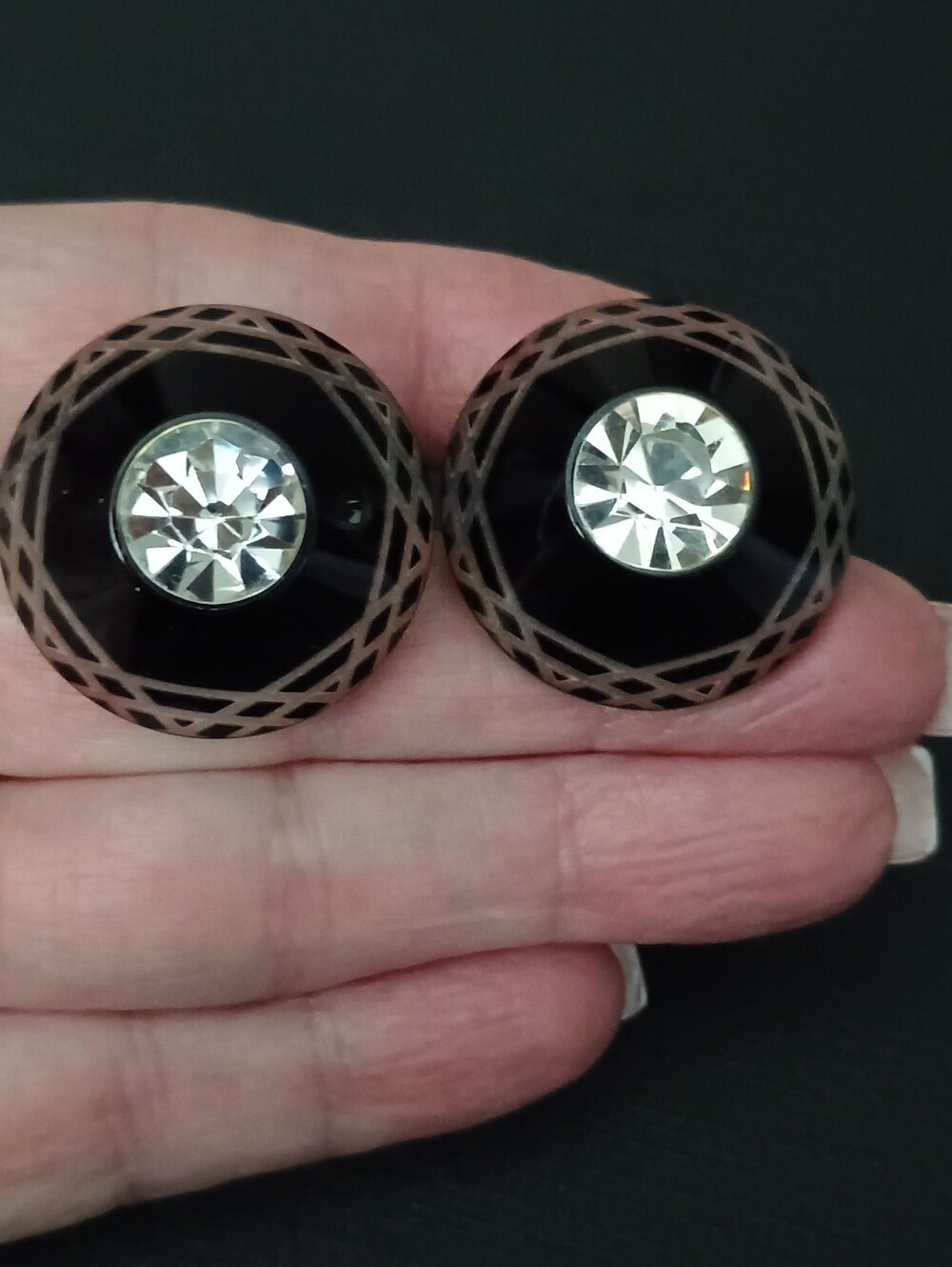 Vintage Art Deco Black Round Earrings with Clear Crystal Centers